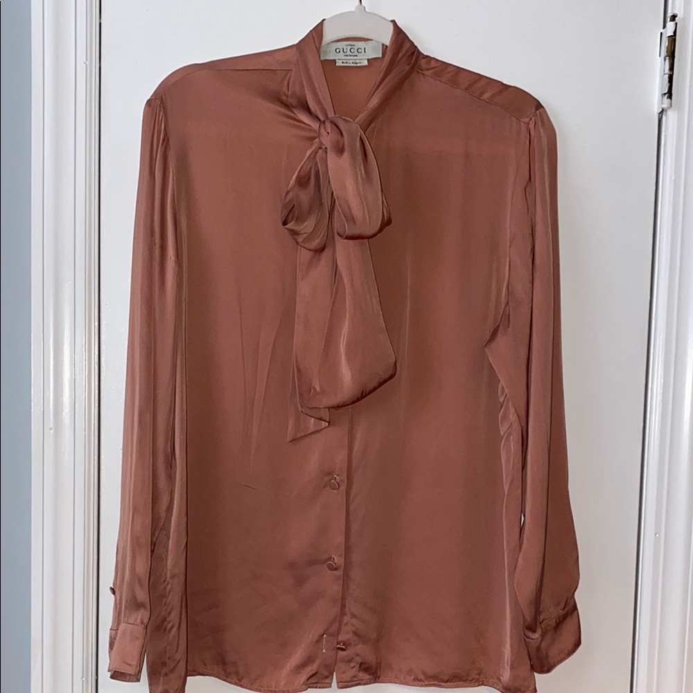 Gucci Dusty Rose Silk Bow Tie Blouse
